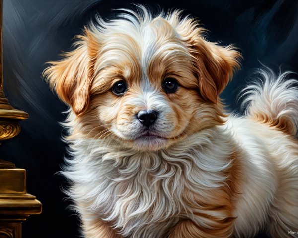 Fluffy Golden and White Puppy with Expressive Eyes