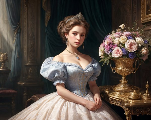 Elegant woman in vintage ball gown with tiara in luxurious room