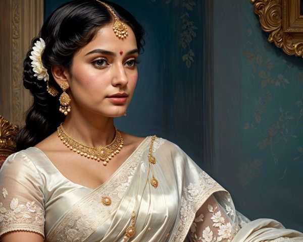 Young woman in cream saree with gold jewelry