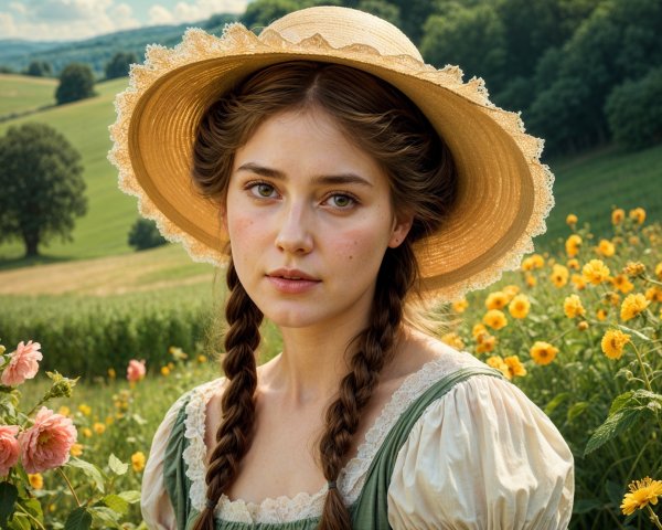Young Woman in Vintage Dress Surrounded by Flowers