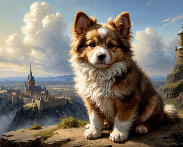 Fluffy Puppy on Rocky Ledge Overlooking Fantasy Landscape