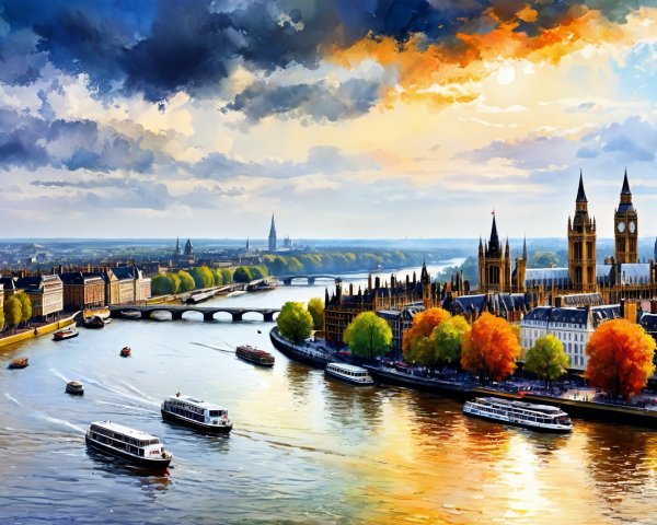 Vibrant Thames Landscape with Sunset and Landmarks