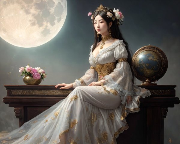 Elegant Woman in White Dress with Moonlit Globe