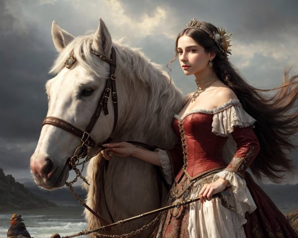 Regal woman in burgundy gown with white horse by stormy seas