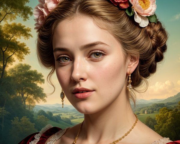 Young Woman in Vintage Dress Surrounded by Nature