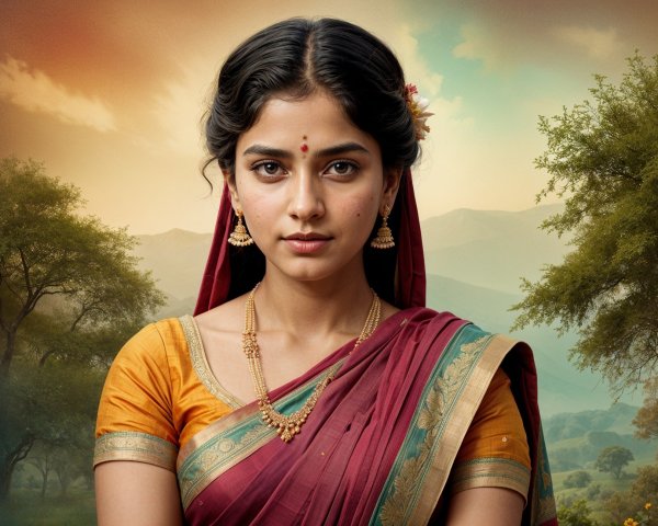 Young Woman in Traditional Indian Attire Amidst Hills