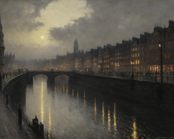 Moonlit historic cityscape with river, bridge, and illuminated buildings.