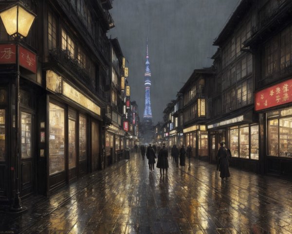 Traditional street scene with lanterns, shops, and modern tower at dusk