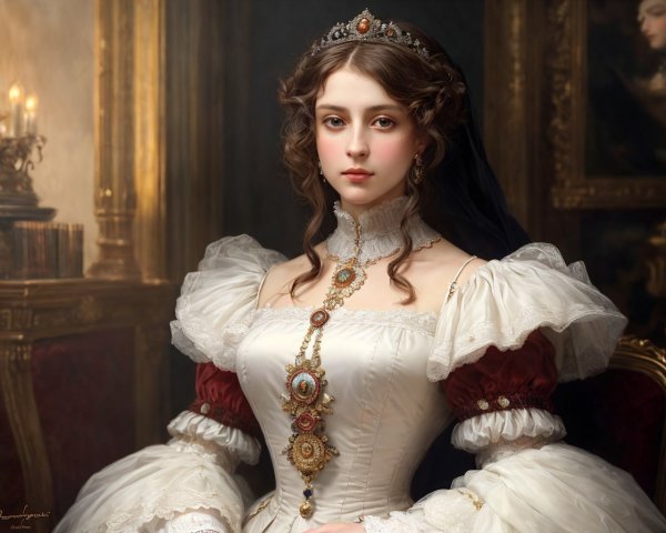 Woman in lavish white period dress with puffed sleeves and elaborate jewelry against classic backdrop.