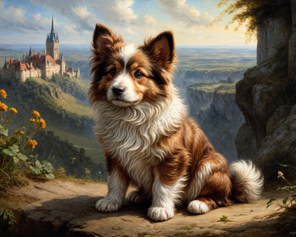 Fluffy dog on rocky ledge with castle backdrop