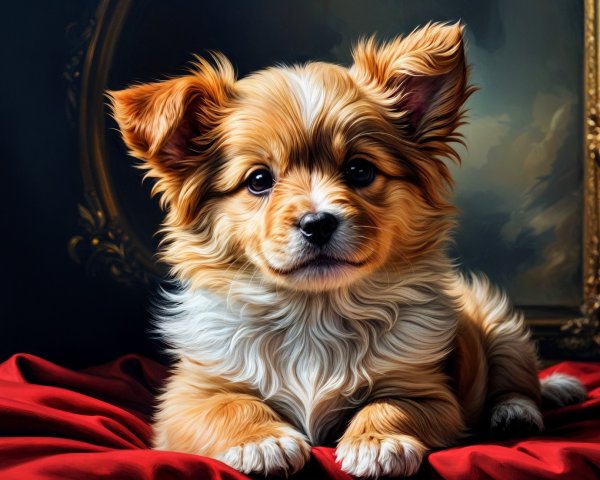 Golden-brown puppy on red fabric with ornate frame