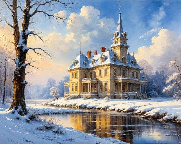 Snow-Covered Mansion by Tranquil River at Sunset