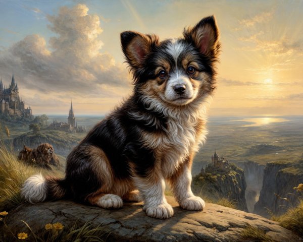 Fluffy Dog on Rock with Sunset and Distant Castles