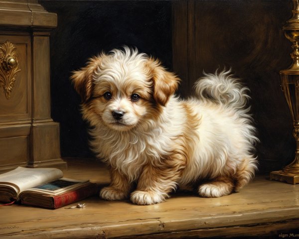 Fluffy Cream and Brown Puppy on Wooden Table