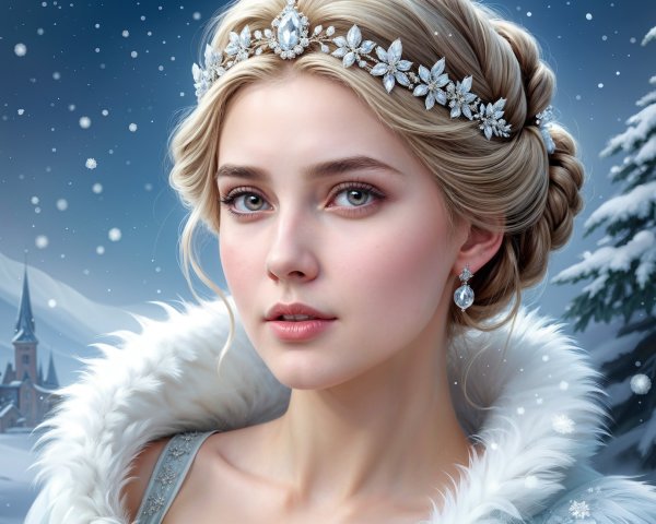 Young woman in fur-lined dress in snowy landscape