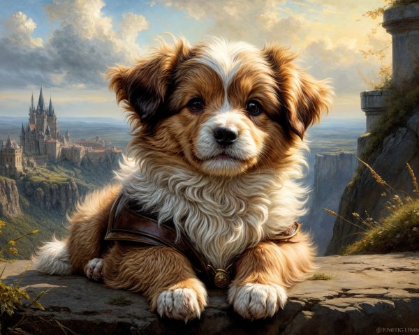 Puppy on Rocky Ledge with Castle in Background