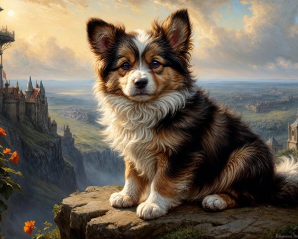 Tricolored Dog on Rocky Ledge with Castle Background