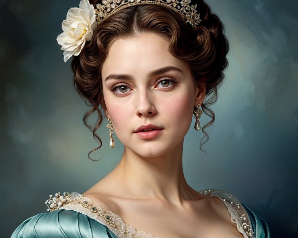 Elegant Young Woman in Blue Gown with Lace Collar