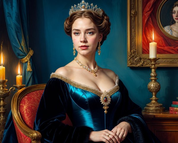 Regal Woman in Elegant Blue Gown with Opulent Decor