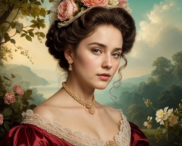 Elegant Young Woman in Vintage Burgundy Gown