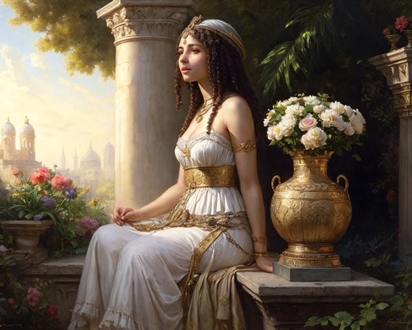 Elegant woman in classical dress with ornate jewelry on stone bench beside golden vase amid lush foliage and