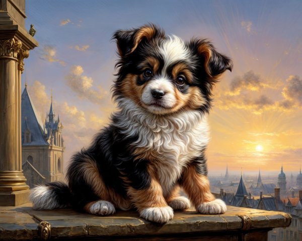 Fluffy Tri-Color Puppy Against Sunset Cityscape