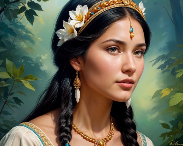 Young Woman in Forest with Floral Headdress and Jewelry