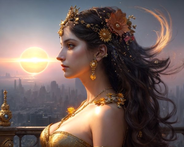 Regal Woman with Golden Headdress at Sunset