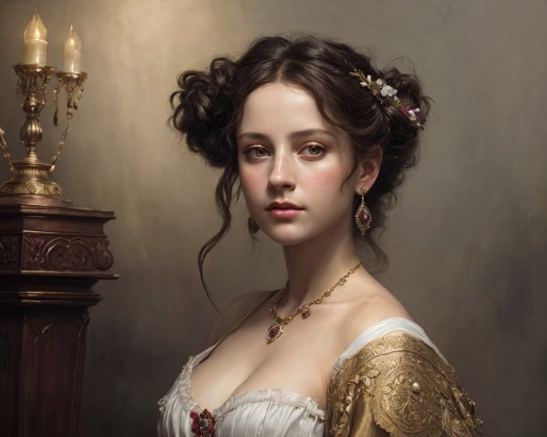 Detailed portrait of young woman in antique dress with elegant hairstyle and jewelry on wooden surface.