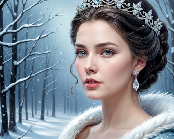 Woman in Snowy Landscape with Regal Attire and Tiara