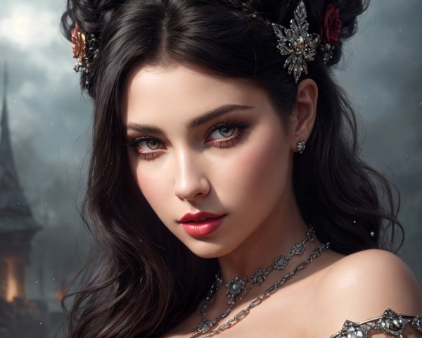 Digital Artwork of Woman with Flowers and Castle
