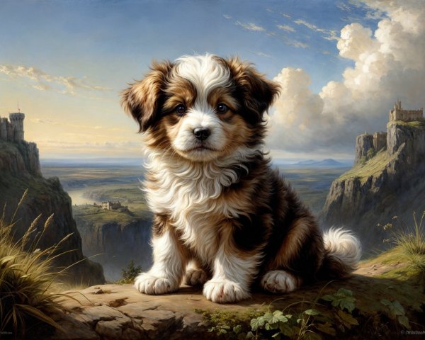 Fluffy Puppy on Rocky Ledge with Scenic Background
