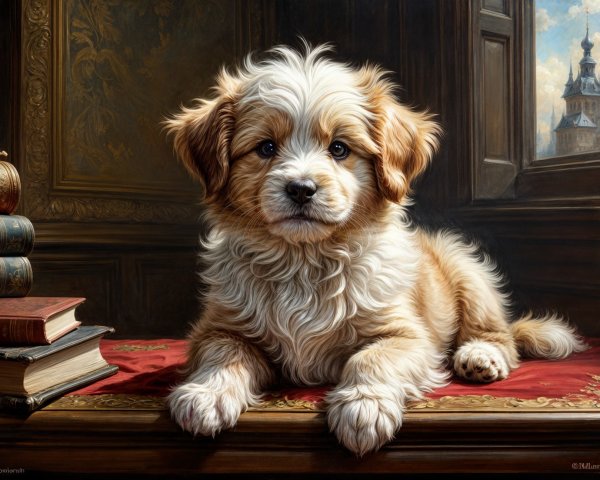Fluffy Golden Puppy Resting on Red Velvet Surface