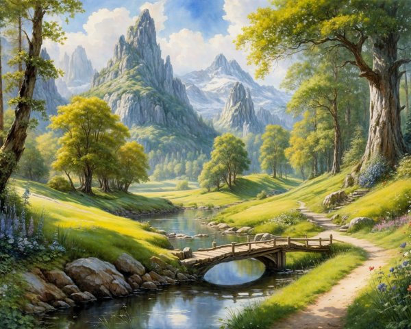 Serene Landscape with Mountains and Flowing River