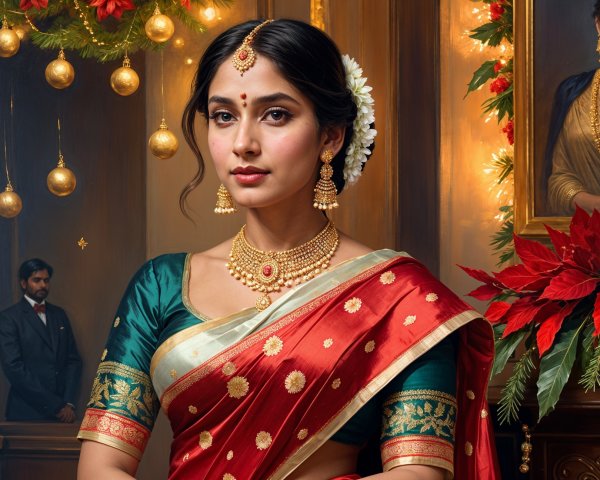 Elegant Woman in Traditional Saree with Festive Decor