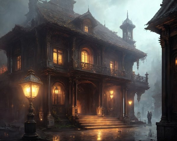 Intricately Designed Gothic Mansion in Enchanting Mist