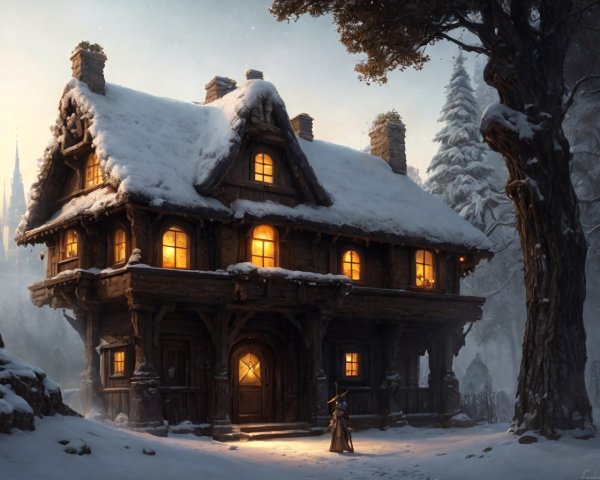 Cozy two-story cottage in snowy twilight setting