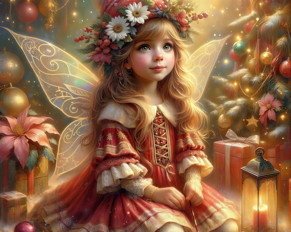 Young Fairy in Festive Dress Surrounded by Decorations