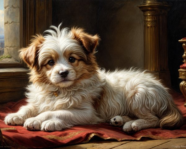 Fluffy Small Dog on Red Fabric in Ornate Room