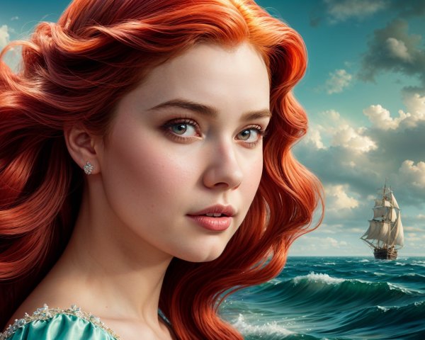 Young woman with red hair by the ocean and ship