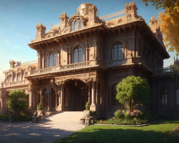 Opulent mansion with intricate architecture and gardens