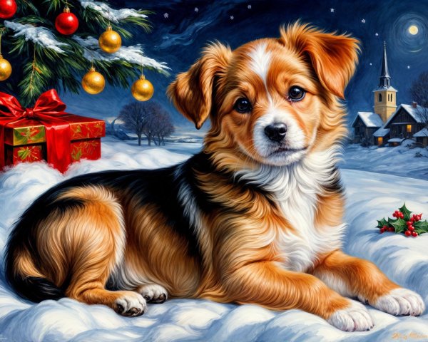 Puppy in Snowy Landscape with Holiday Decorations