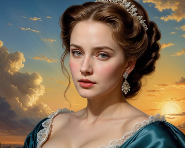 Young Woman in Teal Gown Against Sunset Sky