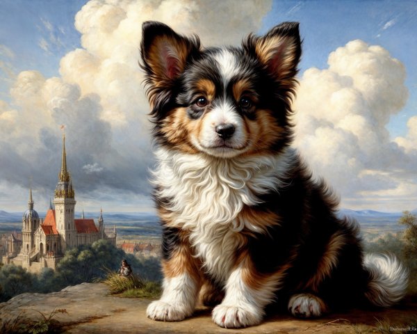 Charming Puppy in Scenic Landscape with Castle Background