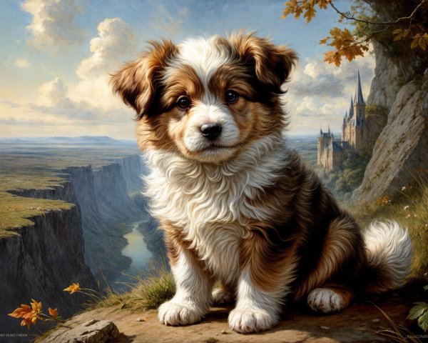 Fluffy puppy on rocky ledge with scenic landscape