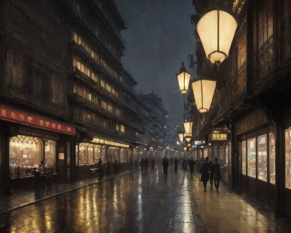 Moody Night Street Scene with Rain and Pedestrians