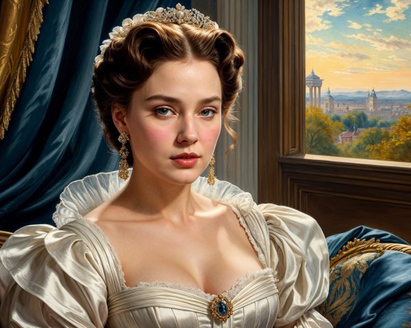 Portrait of a Young Woman in Vintage Gown and Landscape