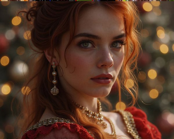 Portrait of a woman in red and gold dress with pearls