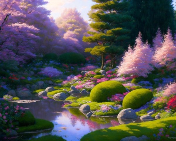 Tranquil garden with lush greenery, flowers, pond, moss-covered rocks, and flowering trees