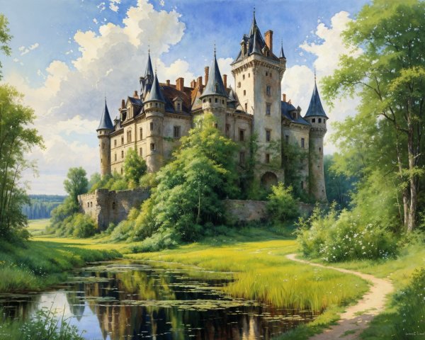 Majestic castle on a hill with lush greenery and river